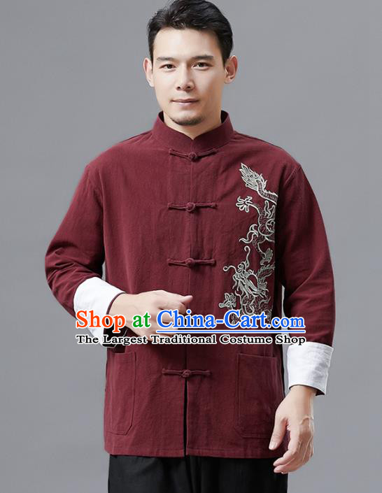 Top Chinese Tang Suit Embroidered Wine Red Flax Jacket Traditional Tai Chi Kung Fu Overcoat Costume for Men