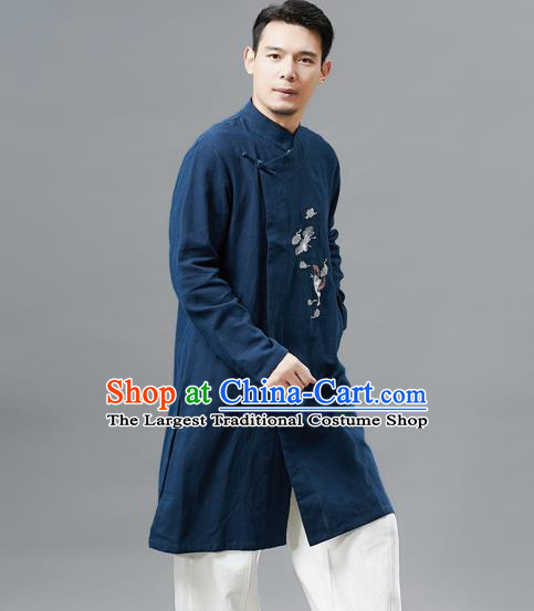 Top Chinese Tang Suit Embroidered Crane Navy Flax Jacket Traditional Tai Chi Kung Fu Overcoat Costume for Men