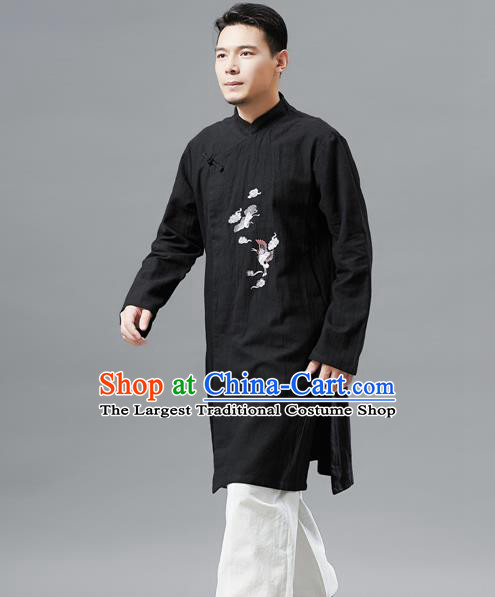 Top Chinese Tang Suit Embroidered Crane Black Flax Jacket Traditional Tai Chi Kung Fu Overcoat Costume for Men