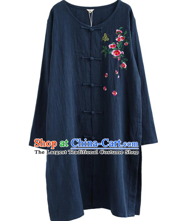Top Chinese Tang Suit Embroidered Navy Flax Shirt Traditional Tai Chi Kung Fu Upper Outer Garment Costume for Men