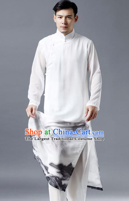 Top Chinese Tang Suit Ink Painting White Robe Traditional Republic of China Kung Fu Gown Costumes for Men