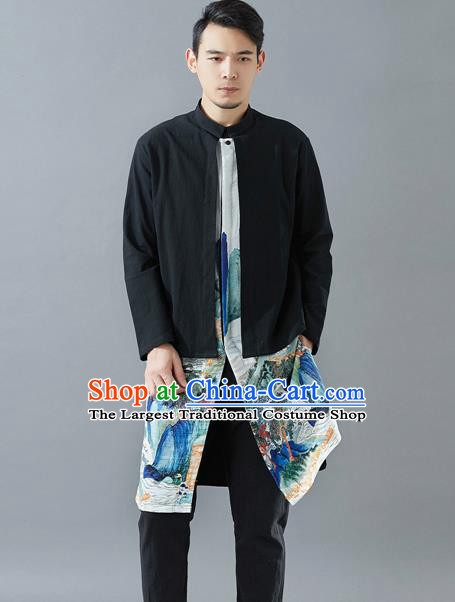 Top Chinese Tang Suit Printing Black Long Coat Traditional Tai Chi Kung Fu Overcoat Costume for Men