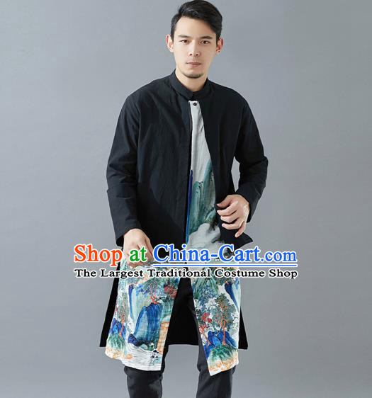 Top Chinese Tang Suit Printing Black Long Coat Traditional Tai Chi Kung Fu Overcoat Costume for Men