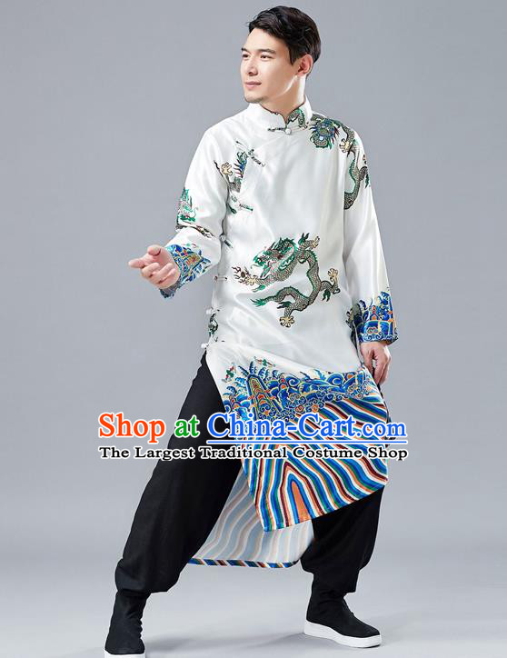 Top Chinese Tang Suit Printing Dragon White Robe Traditional Republic of China Kung Fu Gown Costumes for Men