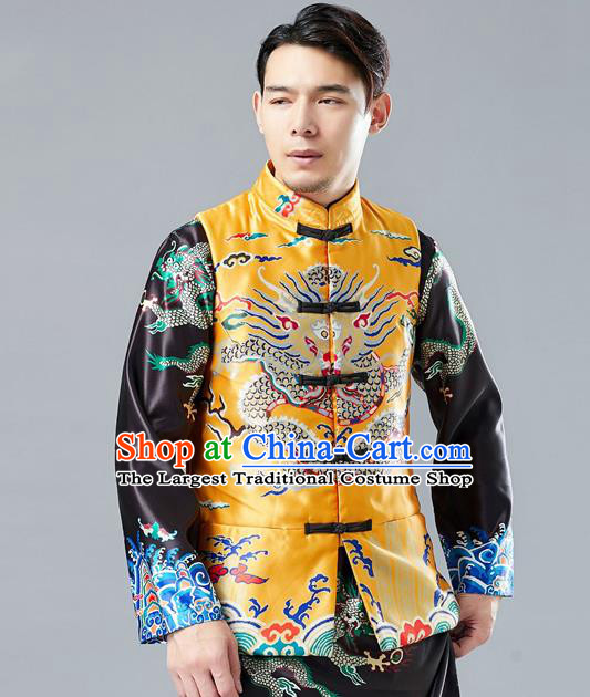 Chinese Tang Suit Printing Dragon Yellow Cotton Padded Vest Traditional Tai Chi Waistcoat Upper Outer Garment Costume for Men