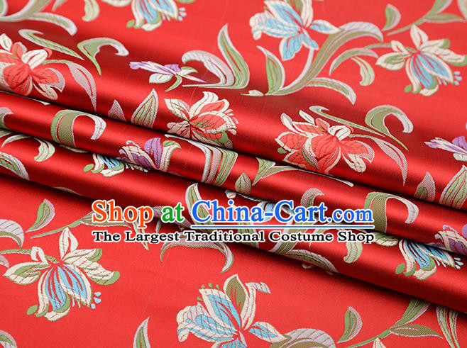 Chinese Traditional Daffodil Pattern Red Brocade Fabric Cheongsam Satin Tapestry Drapery