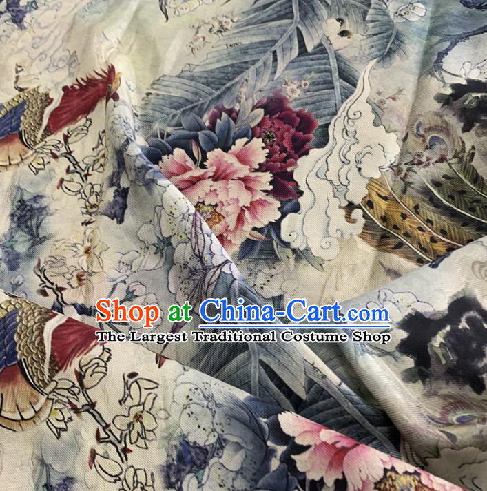 Chinese Traditional Mangnolia Phoenix Peony Design Pattern White Silk Fabric Cheongsam Mulberry Silk Drapery