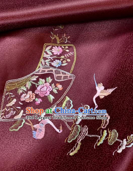 Chinese Classical Embroidered Crane Peony Pattern Design Wine Red Silk Fabric Asian Traditional Hanfu Brocade Material