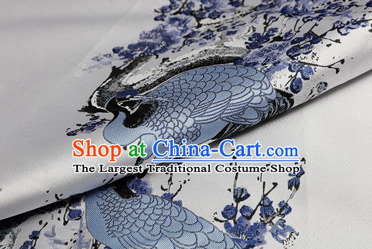 Chinese Traditional Plum Crane Pattern White Brocade Fabric Cheongsam Tapestry Drapery