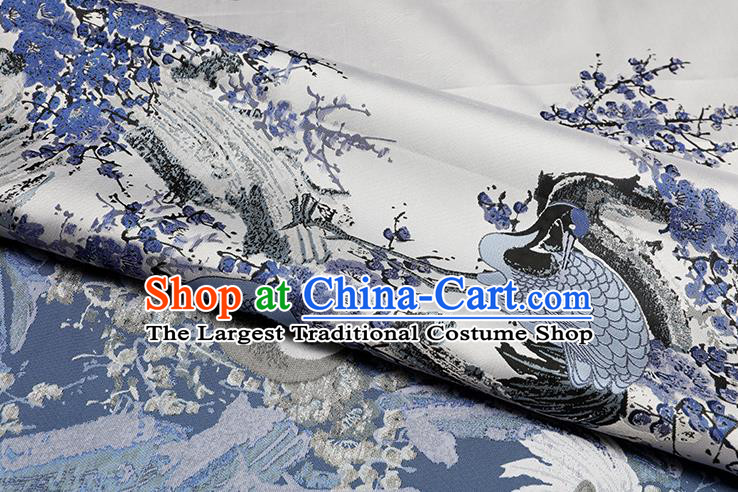 Chinese Traditional Plum Crane Pattern White Brocade Fabric Cheongsam Tapestry Drapery