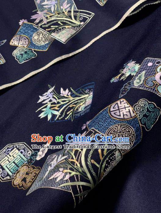 Chinese Classical Embroidered Orchid Pattern Design Navy Silk Fabric Asian Traditional Hanfu Brocade Material