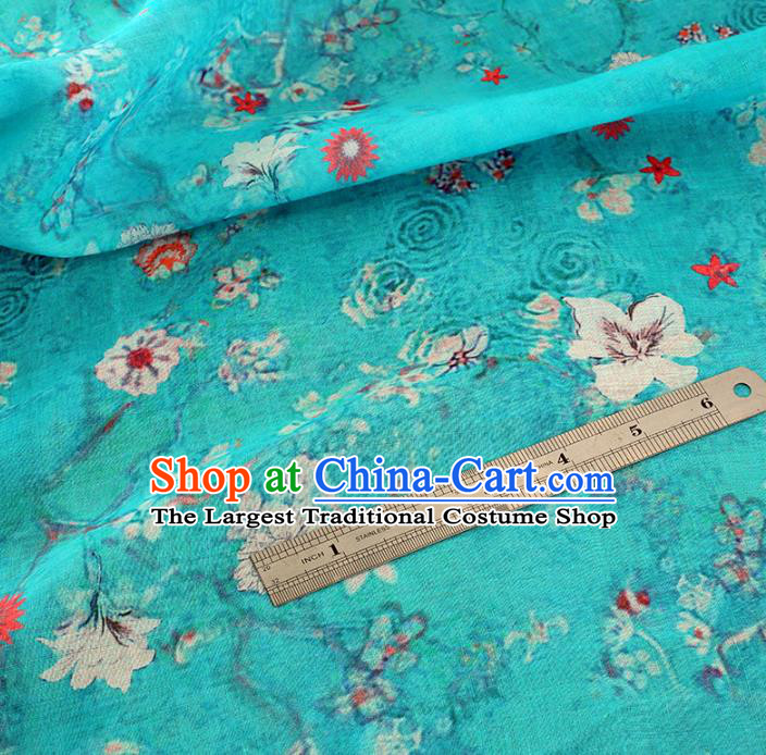 Chinese Traditional Flowers Design Pattern Blue Ramie Fabric Cheongsam Ramee Drapery