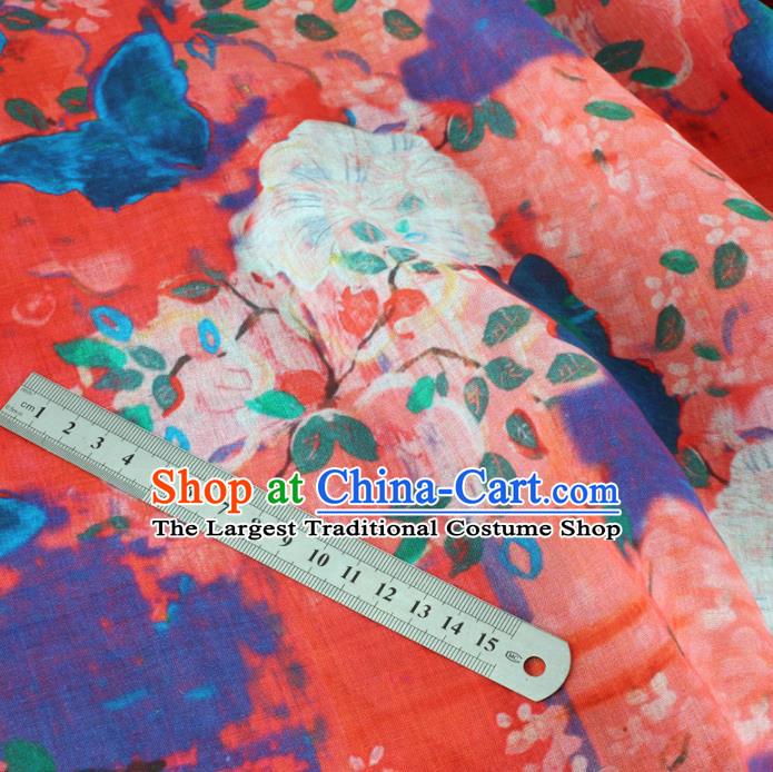 Chinese Traditional Butterfly Flowers Design Pattern Red Ramie Fabric Cheongsam Ramee Drapery