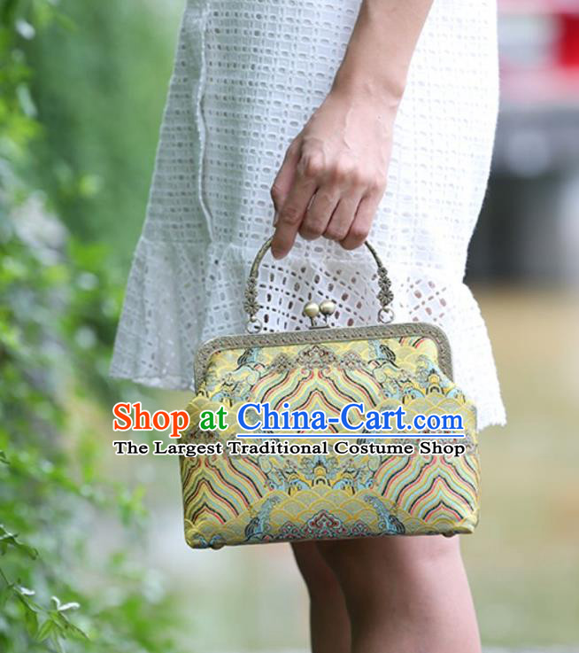 Chinese Traditional Wave Pattern Yellow Brocade Bag Handmade Cheongsam Handbag for Women