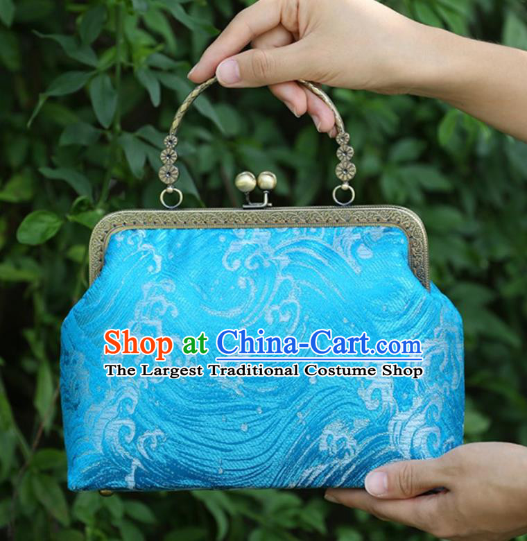 Chinese Traditional Wave Pattern Blue Brocade Bag Handmade Cheongsam Handbag for Women