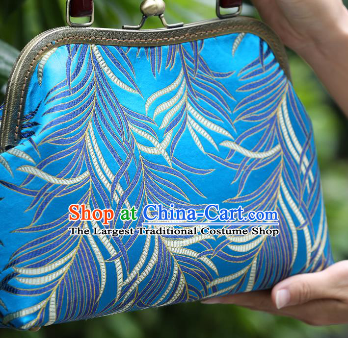 Chinese Traditional Feather Pattern Blue Brocade Bag Handmade Cheongsam Silk Handbag for Women