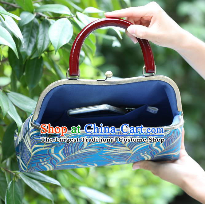 Chinese Traditional Feather Pattern Blue Brocade Bag Handmade Cheongsam Silk Handbag for Women
