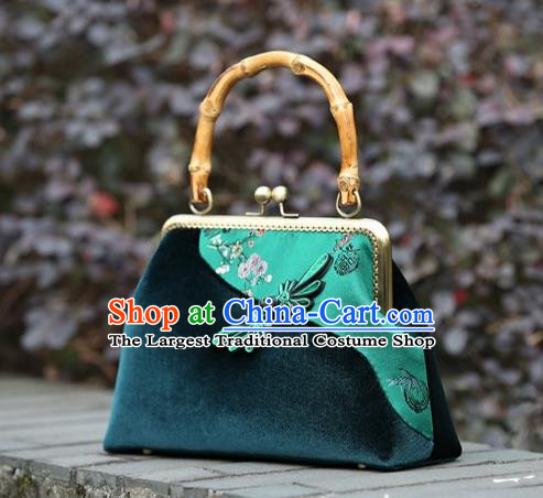 Chinese Traditional Plum Blossom Pattern Green Brocade Bag Handmade Cheongsam Pleuche Handbag for Women