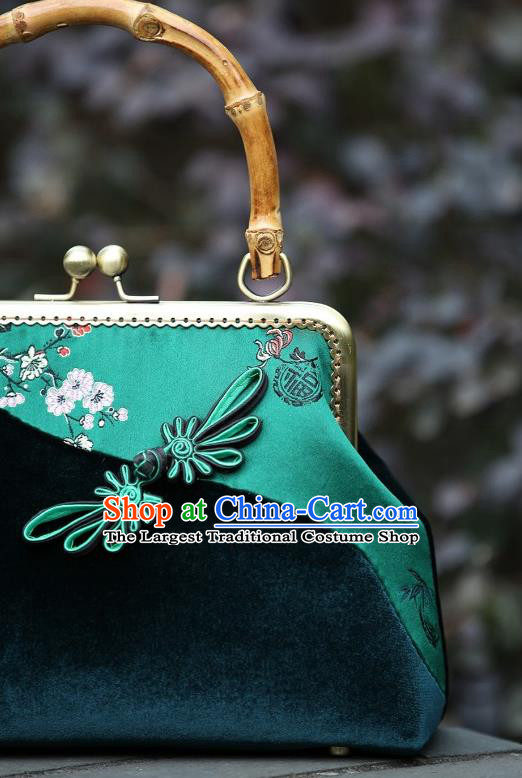 Chinese Traditional Plum Blossom Pattern Green Brocade Bag Handmade Cheongsam Silk Handbag for Women