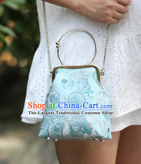 Chinese Traditional Butterfly Pattern Blue Brocade Bag Handmade Cheongsam Silk Handbag for Women