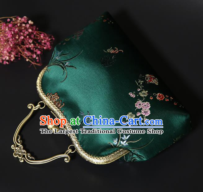Chinese Traditional Plum Orchid Bamboo Chrysanthemum Pattern Deep Green Brocade Bag Handmade Cheongsam Silk Handbag for Women