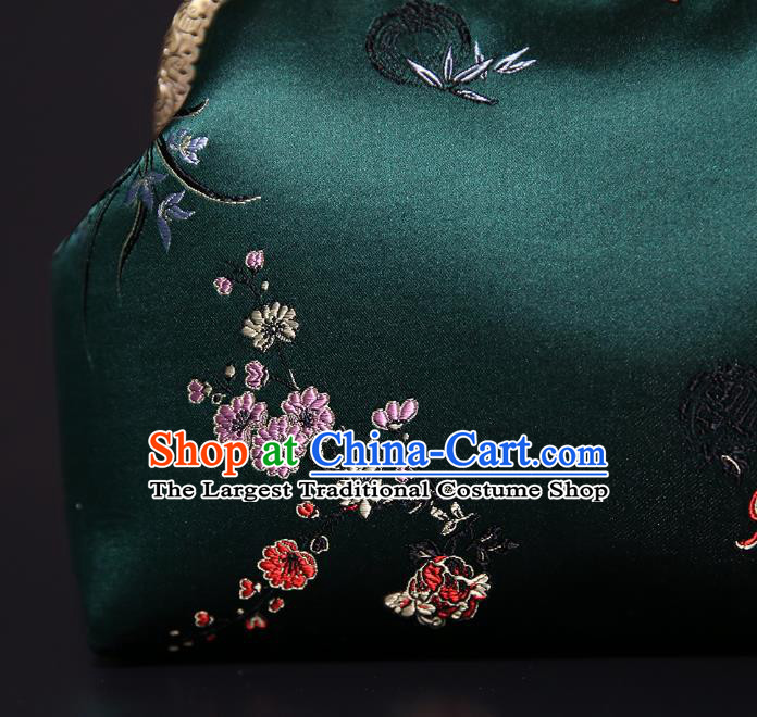 Chinese Traditional Plum Orchid Bamboo Chrysanthemum Pattern Deep Green Brocade Bag Handmade Cheongsam Silk Handbag for Women