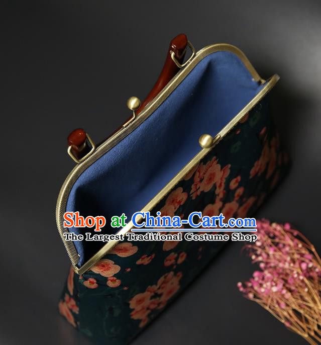 Chinese Traditional Plum Pattern Deep Green Brocade Bag Handmade Cheongsam Silk Handbag for Women