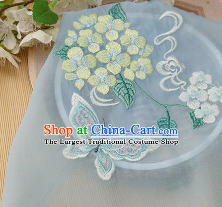 Chinese Traditional Embroidered Hydrangea Butterfly Light Blue Chiffon Applique Accessories Embroidery Patch