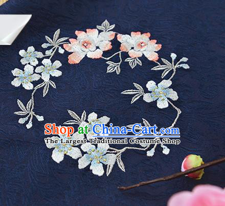 Chinese Traditional Embroidered Plum Lotus Navy Silk Applique Accessories Embroidery Patch