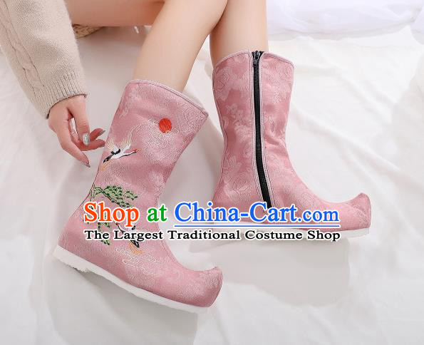 Traditional Chinese Kung Fu Pink Boots Opera Shoes Hanfu Shoes Embroidered Crane Boots for Women