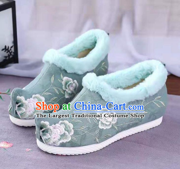Chinese Winter Embroidered Green Shoes Hanfu Shoes Women Shoes Opera Shoes Princess Shoes