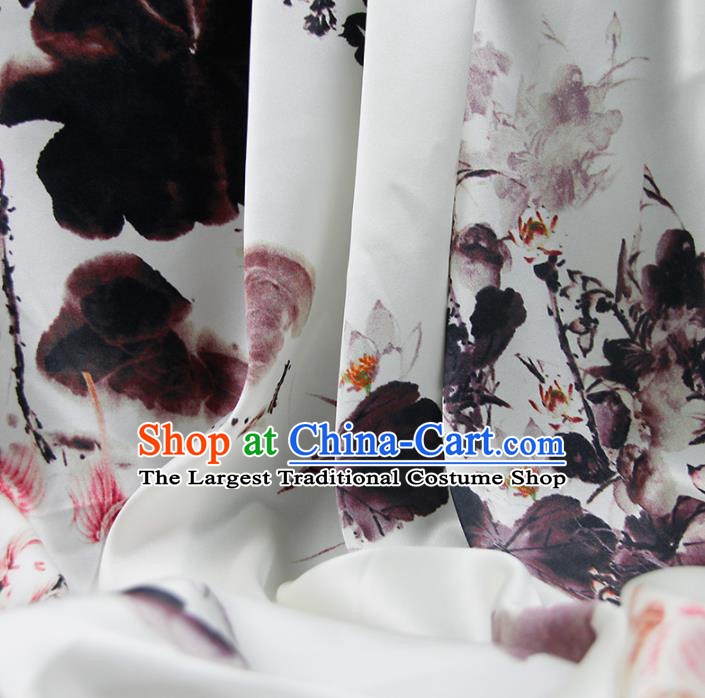 Chinese Classical Ink Lotus Pattern Design White Silk Fabric Asian Traditional Hanfu Mulberry Silk Material