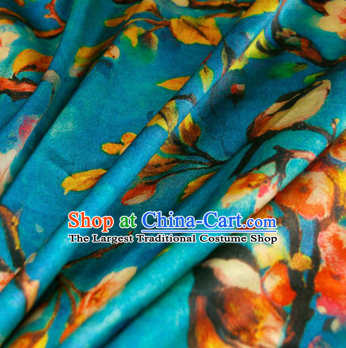 Chinese Classical Peach Flower Pattern Design Blue Silk Fabric Asian Traditional Hanfu Mulberry Silk Material