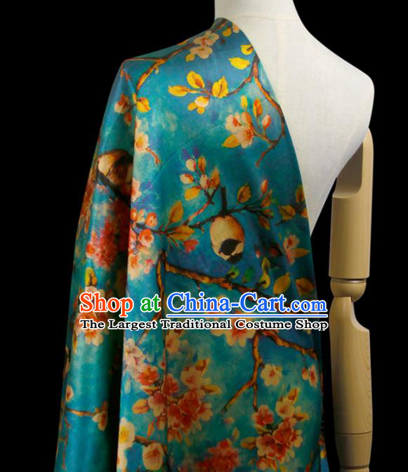 Chinese Classical Peach Flower Pattern Design Blue Silk Fabric Asian Traditional Hanfu Mulberry Silk Material