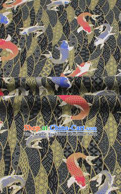 Chinese Classical Carps Pattern Design Black Brocade Fabric Asian Traditional Hanfu Satin Material