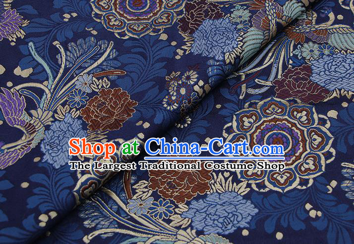 Chinese Classical Phoenix Peony Pattern Design Navy Brocade Fabric Asian Traditional Hanfu Satin Material