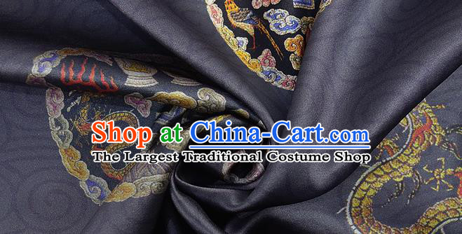 Chinese Classical Dragon Peony Pattern Design Navy Silk Fabric Asian Traditional Hanfu Mulberry Silk Material