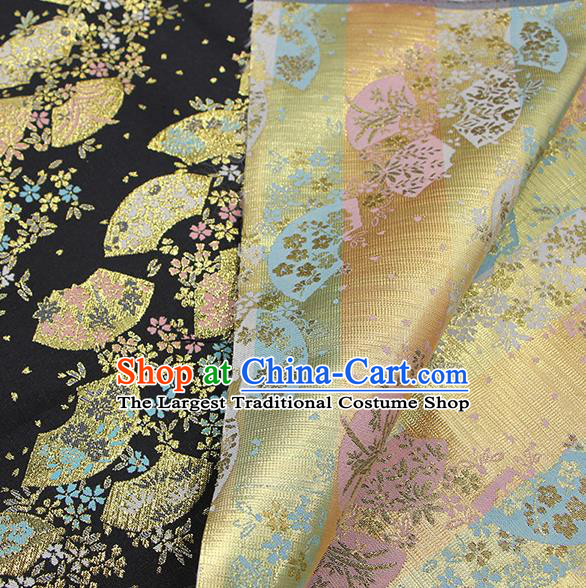 Asian Japanese Traditional Sakura Fan Pattern Design Black Brocade Fabric Tapestry Satin