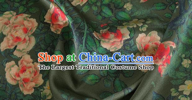 Chinese Classical Roses Pattern Design Atrovirens Silk Fabric Asian Traditional Hanfu Mulberry Silk Material