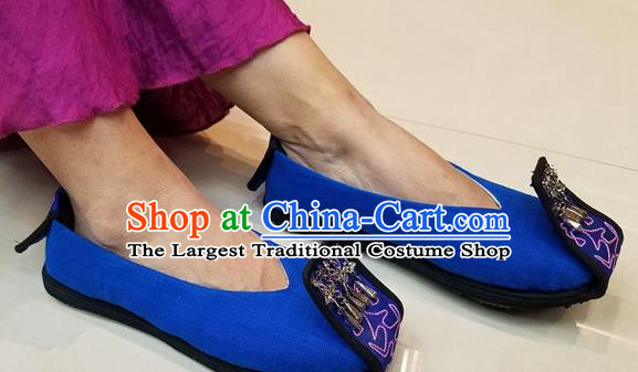Traditional Chinese Handmade Silver Tassel Royalblue Shoes Yunnan National Shoes Embroidered Sandal for Women
