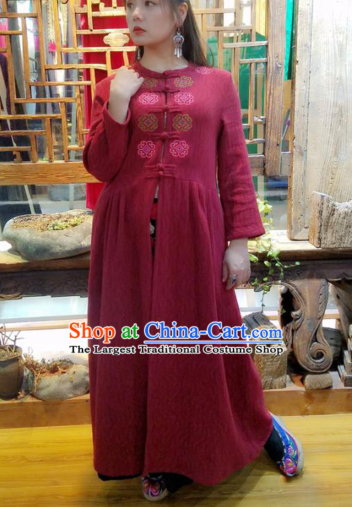 Traditional Chinese Embroidered Red Flax Dust Coat Handmade National Overcoat Costume for Women