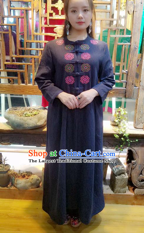 Traditional Chinese Embroidered Black Flax Dust Coat Handmade National Overcoat Costume for Women