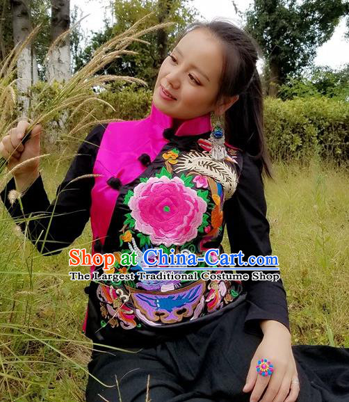 Traditional Chinese Embroidered Peony Rosy Vest Handmade National Upper Outer Garment Costume for Women