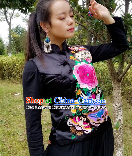 Traditional Chinese Embroidered Peony Black Vest Handmade National Upper Outer Garment Costume for Women