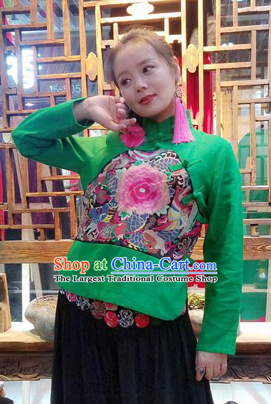 Traditional Chinese Embroidered Peony Green Shirt National Cheongsam Blouse Costume for Women