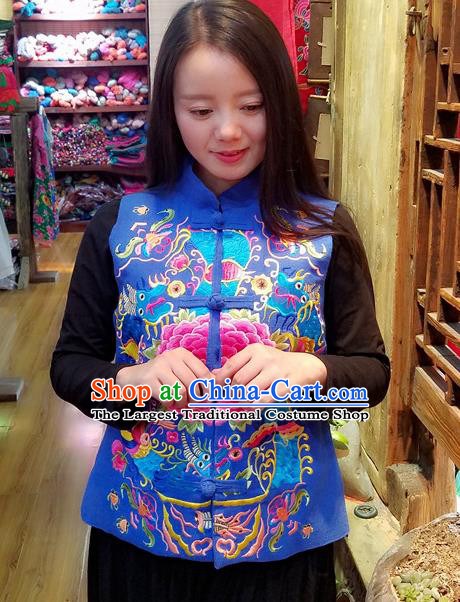 Traditional Chinese Embroidered Dragon Peony Blue Vest National Waistcoat Costume for Women