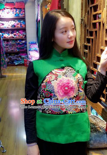 Traditional Chinese Green Flax Vest National Embroidered Peony Waistcoat Costume for Women