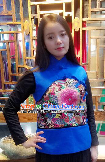 Traditional Chinese Blue Flax Vest National Embroidered Peony Waistcoat Costume for Women
