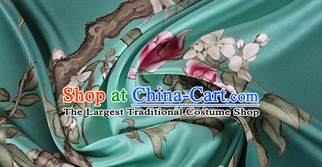 Chinese Classical Peach Blossom Pattern Design Green Silk Fabric Asian Traditional Hanfu Mulberry Silk Material
