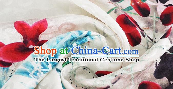 Chinese Classical Orchid Bird Pattern Design White Silk Fabric Asian Traditional Hanfu Mulberry Silk Material